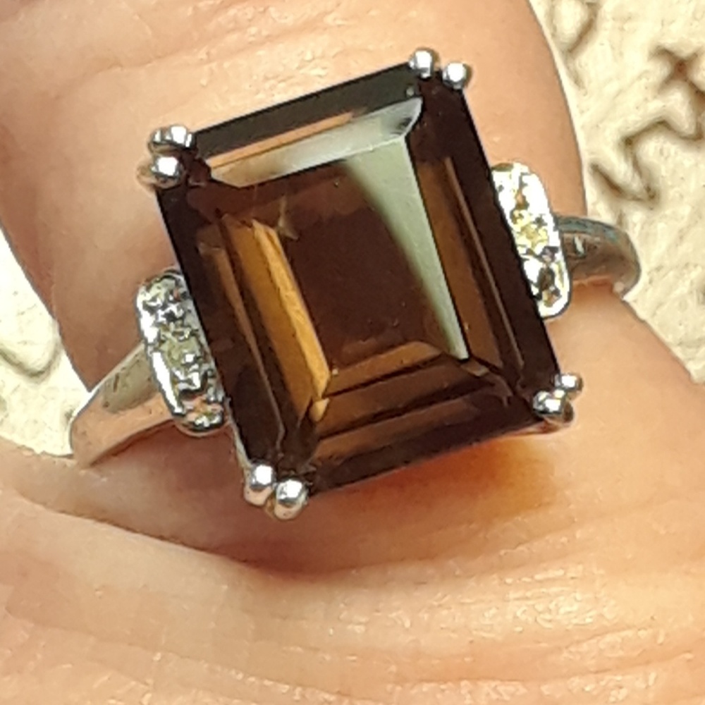 🔥Nwt! Genuine 6ct  Smoky Quartz + Diamond  Ring